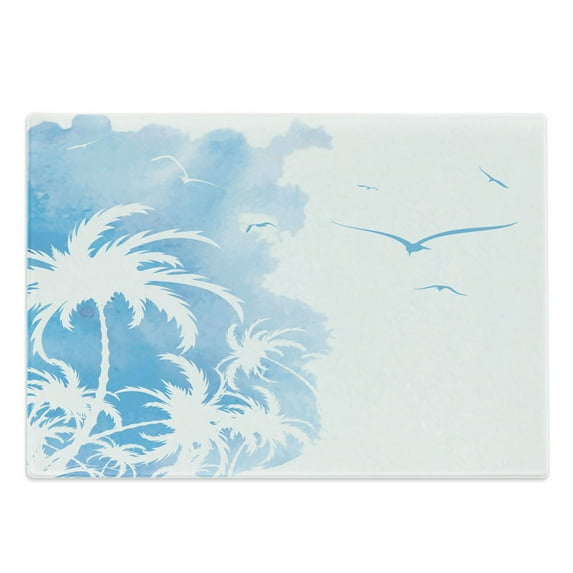 Exotic Cutting Board, Island Palm Trees Abstract Design with Birds Watercolor Background Art, Decorative Tempered Glass Cutting and Serving Board, Large Size, Sky Blue and White, by Ambesonne