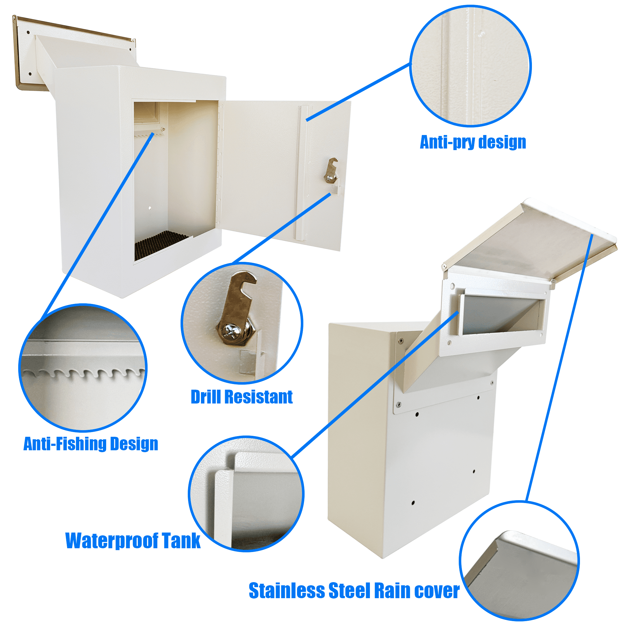 Through-The-Wall Drop Box with Rainproof Cover | Heavy Duty Through Wall Mailbox with 10-Inch Adjustable Chute | Rainproof Locking Drop Safe for Mail, Rent, Checks, Cash, and Keys, White