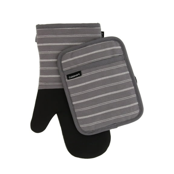 Cuisinart Kitchen Oven Mitt/Glove & Rectangle Potholder with Pocket Set w/Neoprene for Easy Gripping, Heat Resistant up to 500 degrees F, Twill Stripe- Titanium Grey