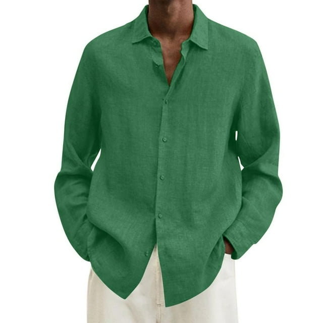 Chemise à Manches Longues en Lin de Coton Uni et Col Rabattu
