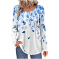thumbnail image 2 of EchfiProm Womens Tops Pleated Fall Light blue Loose Floral Crew Neck T-Shirt for Ladies, 2 of 6