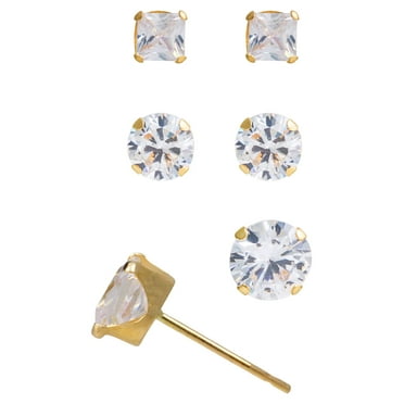 Brilliance Fine Jewelry 10kt Yellow Gold Square CZ Stud Earring Set, 3 Pairs, 2/3/4mm