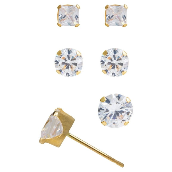 Brilliance Fine Jewelry 10kt Yellow Gold Square CZ Stud Earring Set, 3 Pairs, 2/3/4mm