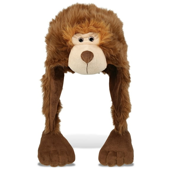 DolliBu Big Foot Plush Winter Hat - Super Soft Big Foot Stuffed Animal Novelty Hat with Ear Flaps, Costume Hat with Cozy Fleece, Warm Funny Beanie Animal Hat for Kids, Teens, Adults - One Size
