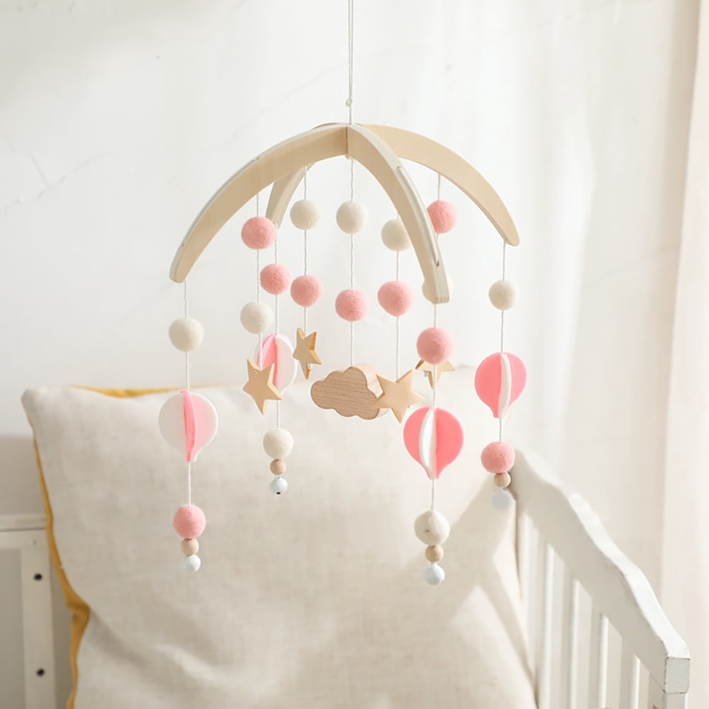 Wooden Baby Crib Bell – Star-Shaped Hanging Wind Chime Mobile, Soothing Rotating Toy for Newborns & Infants, Pink