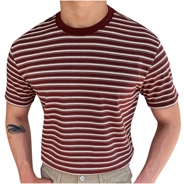 Camisa Elvqul Hombre Rojo con Estampado de Rayas Manga Corta Casual Cuello Redondo