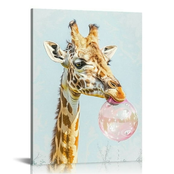 Acheng Bubble Gum Giraffe Framed Canvas Wall Art, Cute Whimsical Animal Art for Wall 12x16 in