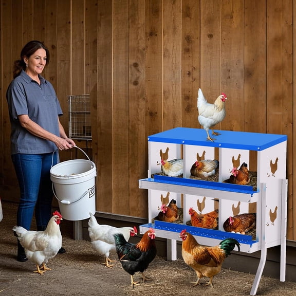 EuKer 6-Holes Chicken Nesting Box with Bracket, Heavy-Duty Metal Laying Boxes for Backyard, Farms, Chicken Coop, Blue