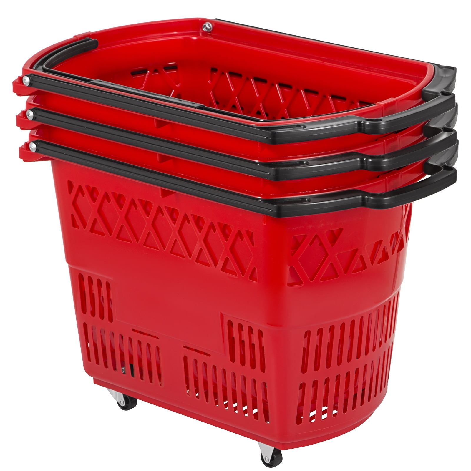 VEVOR 3PCS Shopping Carts, Red Shopping Baskets with Handles, Plastic Rolling Shopping Basket