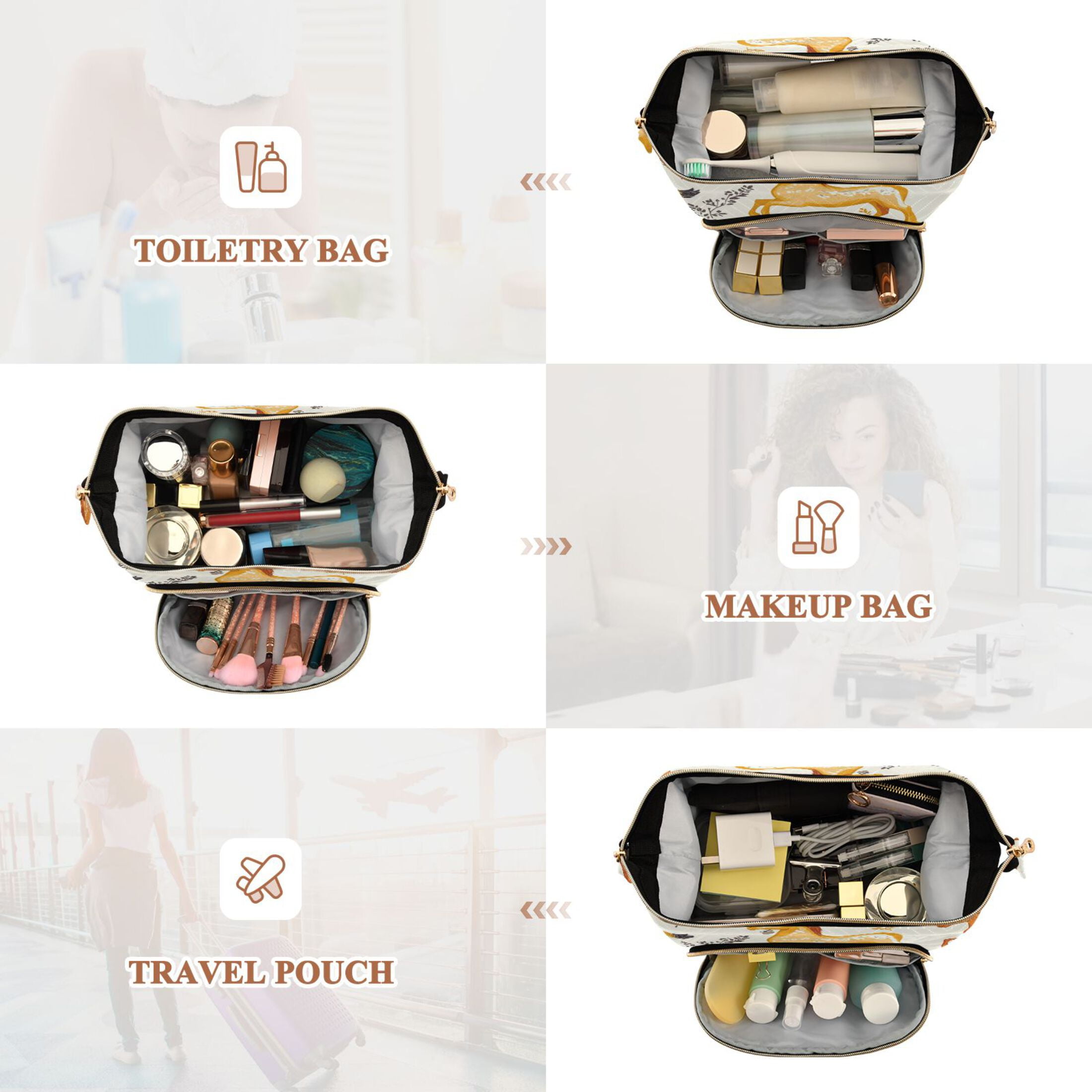 Wavy Quilted Cosmetic Bag Large-Capacity Travel Toiletry Organizer Includes 9-Piece Portable Travel Bottle Set Horse with Leaves