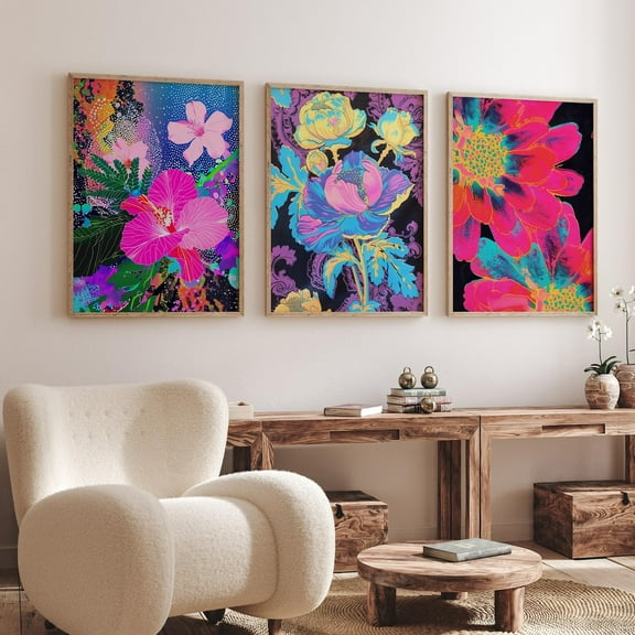 Luvia Neon Flower Set Of 3 Posters - Bold Colorful Abstract Flower - Modern Statement Floral Art, Modern Wall Decor Set 3 Prints 8x12 UNFRAMED