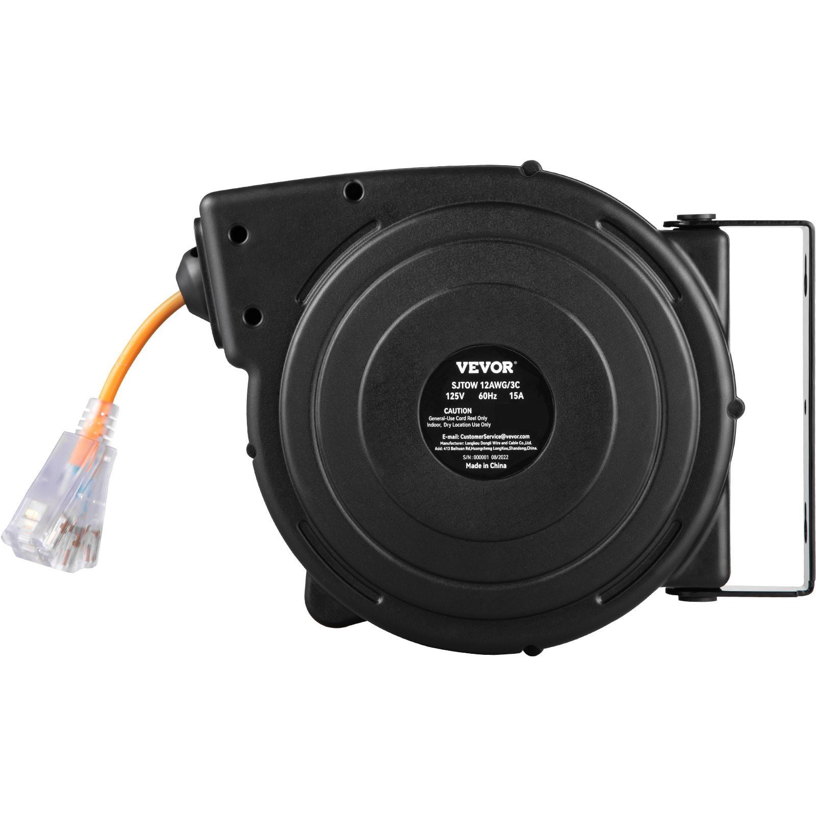Retractable Extension Cord Reel 50FT 14AWG/3C SJTOW Cable with Lighted Triple Tap, 13A Circuit Breaker, Auto Retract, 180° Swivel Wall/Ceiling Mount, UL Certified, Indoor/Outdoor Power Supply Use