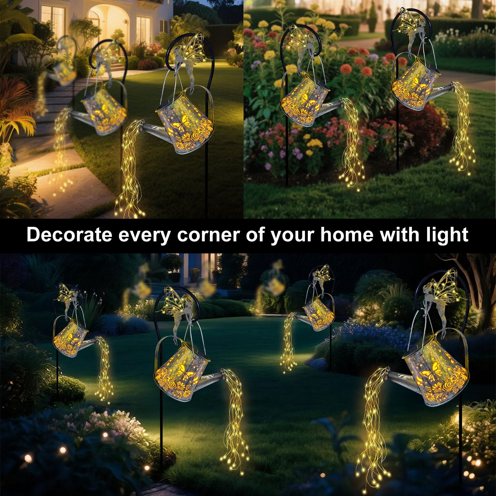 Solar Fairy Watering Can Lights, Butterfly Decorative Hanging Solar Lantern Lights with Hook, Waterproof Garden Lights for Outdoor Patio Yards Pathway Courtyards