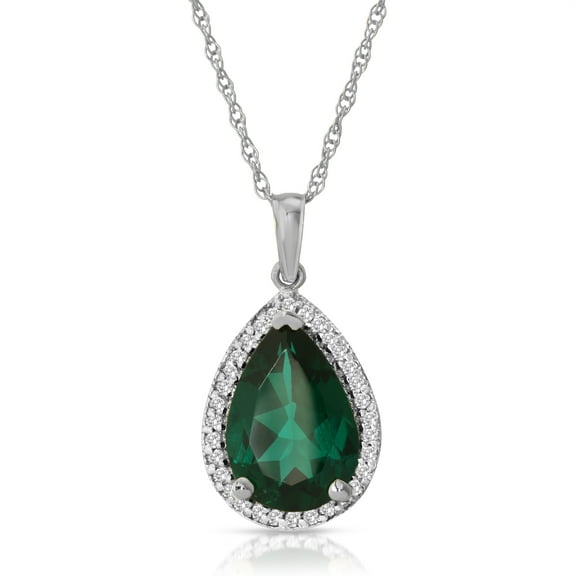 Galaxy Gold GG 14K White Gold 3.16 Carat Natural Diamonds and Genuine Emerald Pendant Necklace - May Birthstone - Renewal & Love - 16" to 24" - Fine Jewelry for Women