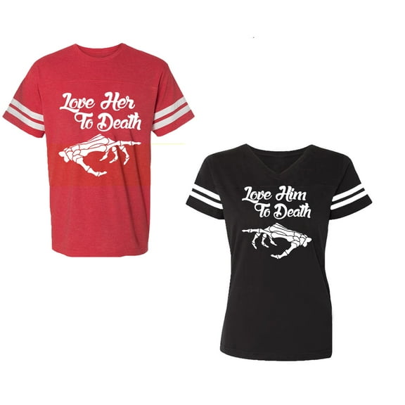 Love Her Him To Death Unisex Couple Matching Cotton Jersey style T-Shirt Contrasting stripes on sleeves (Men Red / Women Black) (Men S / Women S)