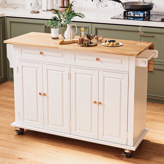 JassmiPkwy 51’’ Rolling Kitchen Island Cart with Drop Leaf Countertop, with Storage, 2 Drawers, Towel Rack, White