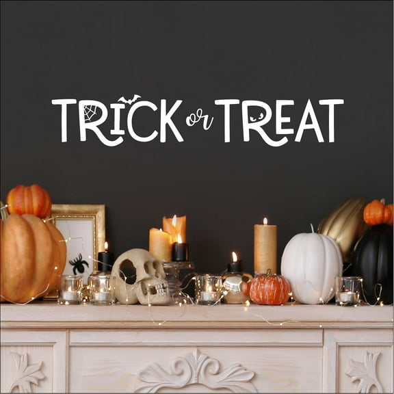 Halloween Trick or Treat (one line) Vinyl Lettering wall decal (6"H x 33"L White)