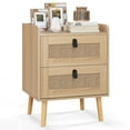 thumbnail image 1 of Costway 1 PCS Modern Nightstand End Bedside Table with 2 Rattan Drawers & Solid Wood Legs Natural, 1 of 10