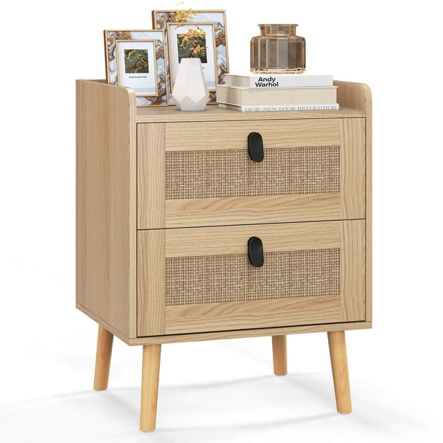 Costway 1 PCS Modern Nightstand End Bedside Table with 2 Rattan Drawers & Solid Wood Legs Natural