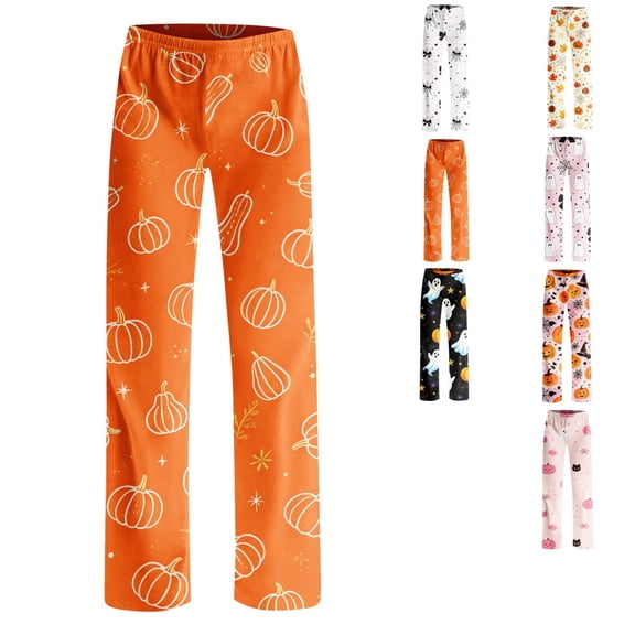 Clossjun Pajama Pants for Women Halloween Pumpkin Bat Ghost Print Pj Bottoms Cute Cozy Trousers With Pockets 2XL