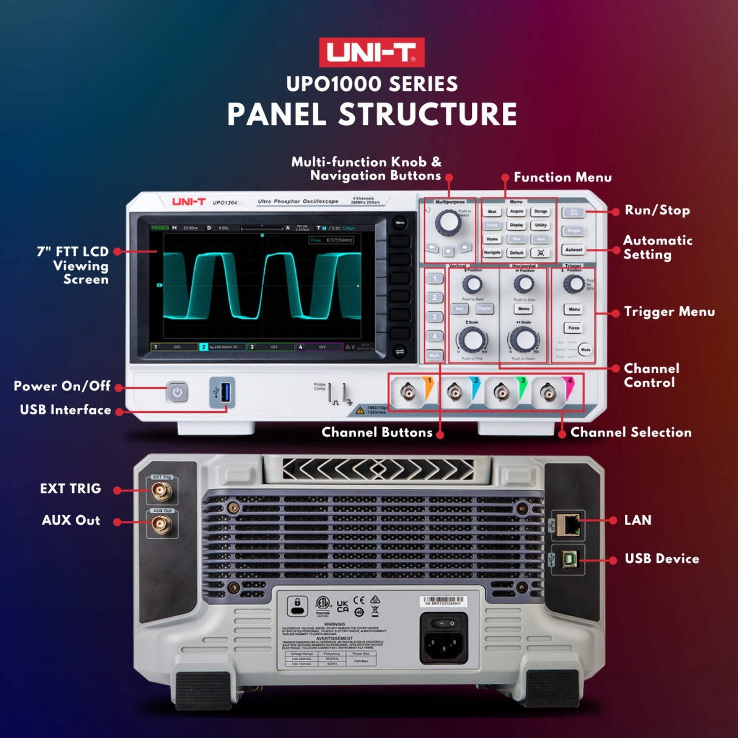 UNI-T UPO1054 DSO Ultra Phosphor Digital Oscilloscope 50MHz 4 Channels 2 GSa/s 56 Mpts Memory Depth 500,000 wfm/s 7 Inch Display Fast Acquire 1 Mpts FFT Points