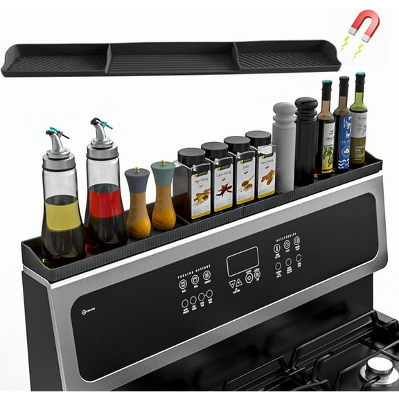 GIXUSIL 30 inch Silicone Stove Top Shelf Magnetic for Kitchen Gadgets, Silicone Spice Rack for Stove ,Soft Flexible Strong Magnetic Heat Resistant Spice Rack Kitchen Organizer for Over Stove (Black)