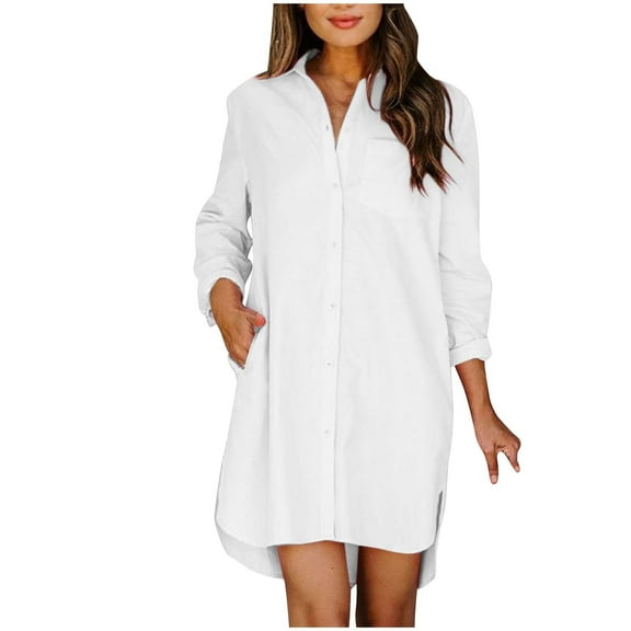 Women's Long Sleeve Button Up Lapel V Neck Shirts High Low Hem Casual Loose Spring Trendy Solid Color Tops Blouses White,XL