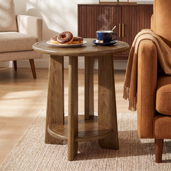 Finmind Solid wood Round Side Table, 19" Narrow End Table with Storage Shelf for Living Room, Brown