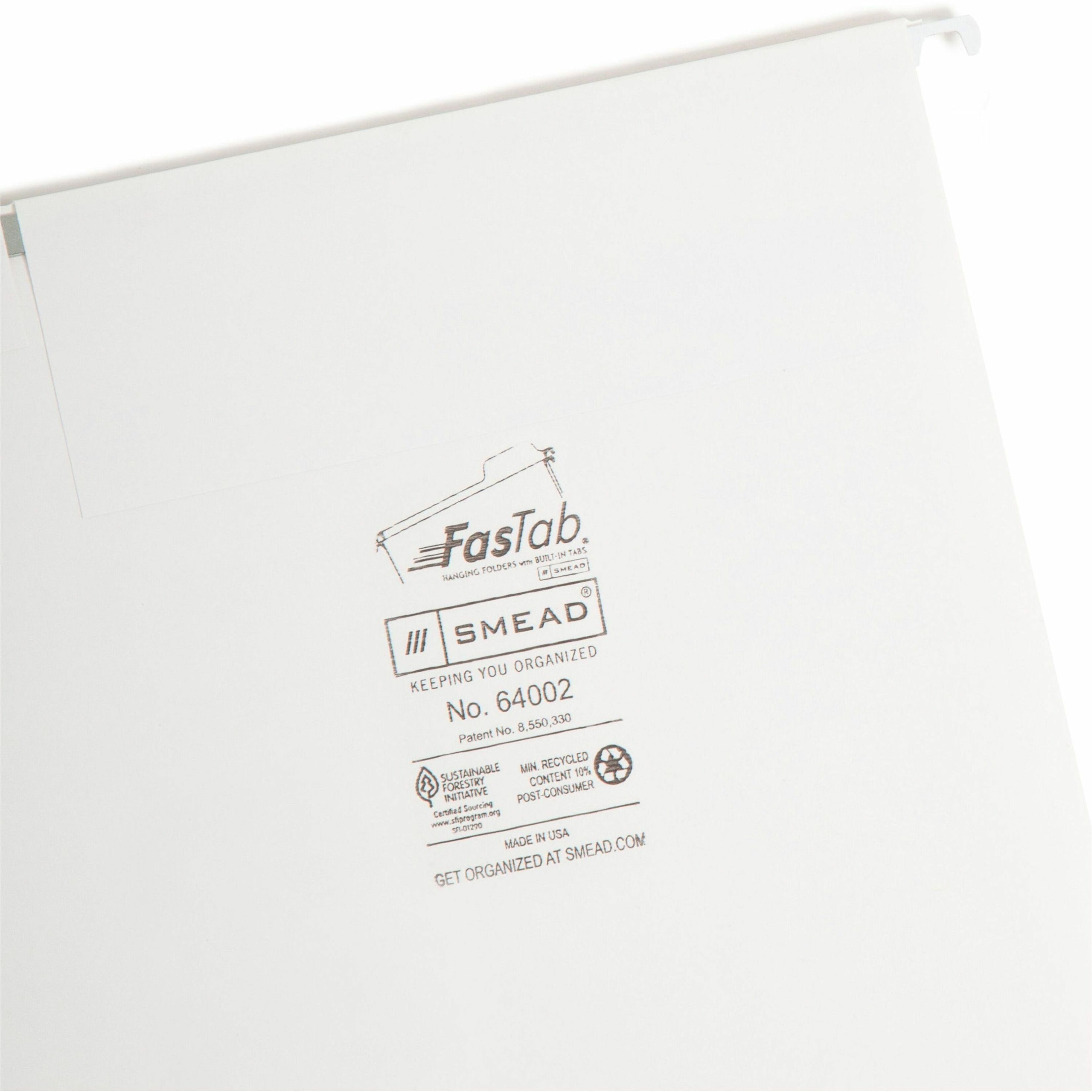 Smead FasTab® Hanging File Folder, 1/3-Cut Built-In Tab, Letter Size, White, 20 per Box (64002)