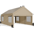 thumbnail image 2 of Walsunny 12x20 ft Carport with 4 Sandbags Heavy Duty Canopy with Roll-up Windows Portable Garage with Removable Sidewalls & Doors Car Canopy Khaki, 2 of 10