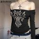 thumbnail image 2 of Top corto de punto vintage informal estampado para mujer, camiseta de manga larga con cuello cuadrado y hombros descubiertos, tops grunge estilo Harajuku, 2 of 6