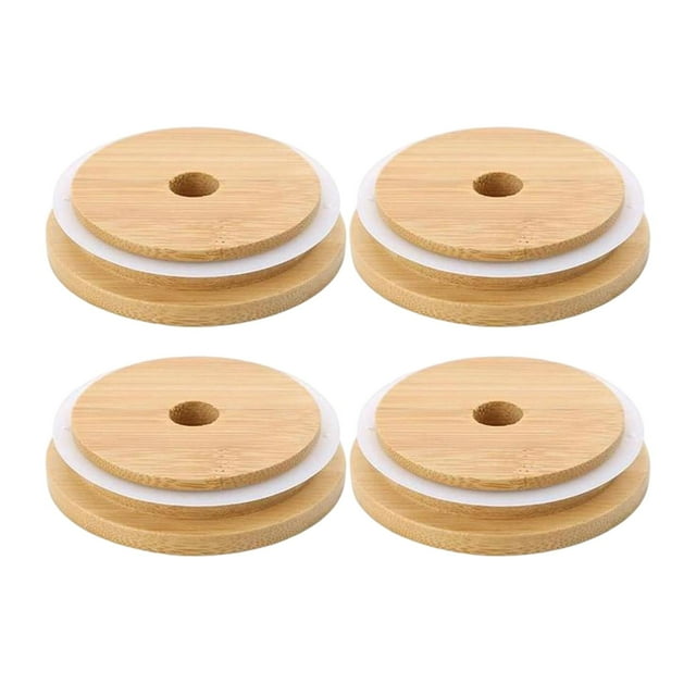 Juego de 4 tapas de bambú para tarros, a prueba de fugas, reutilizables, con anillo de sellado para tarros. 86 mm