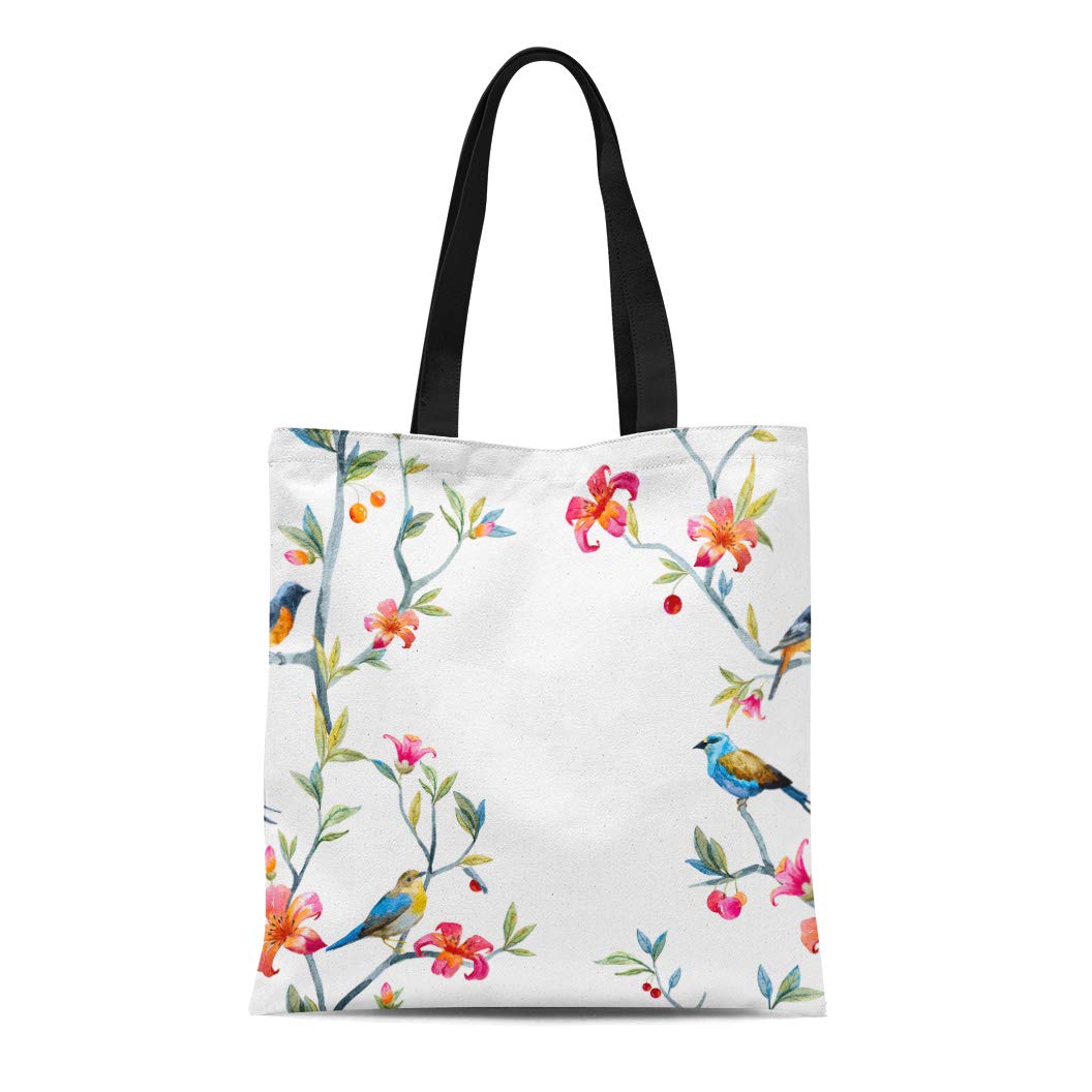 LADDKE Canvas Tote Bag Blue Watercolor Birds and Flowers Tree Spring