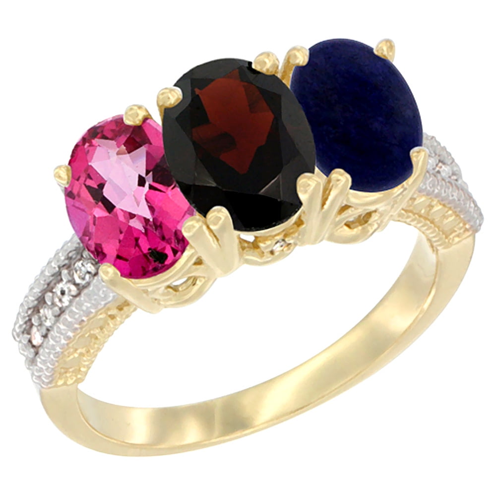 14K Yellow Gold Natural Pink Topaz, Garnet & Lapis Ring 3-Stone 7x5 mm Oval Diamond Accent, sizes 5 10 by WorldJewels
