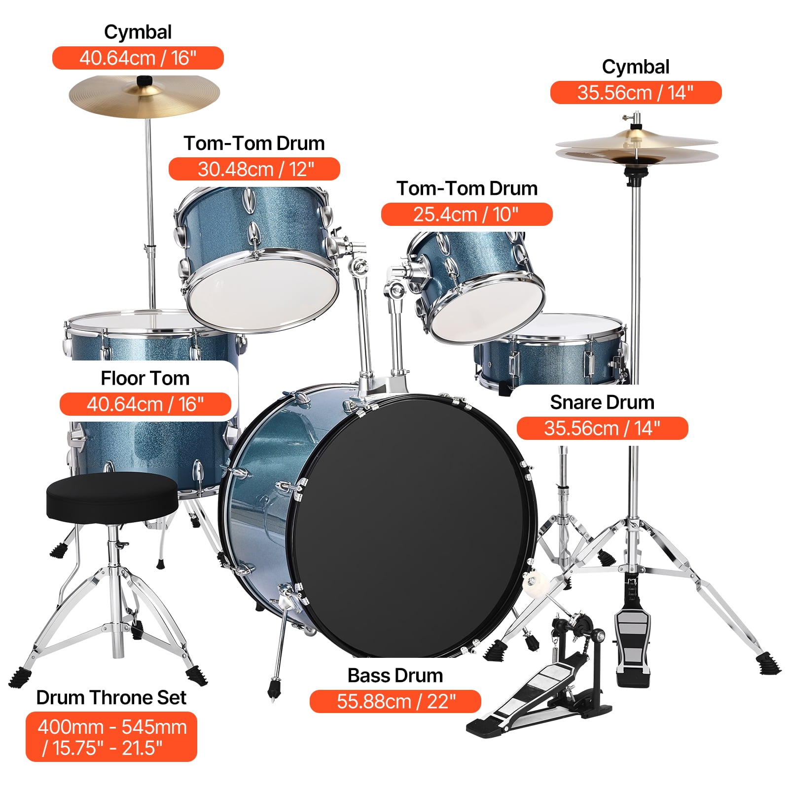 KFFKFF 5-Piece 22-Inch Junior Drum Kit, Beginner Drum Set with Adjustable Seat, Cymbal, and Drumsticks, Musical Instrument Kit for Beginners, Teens, and Students (Gravel Blue)