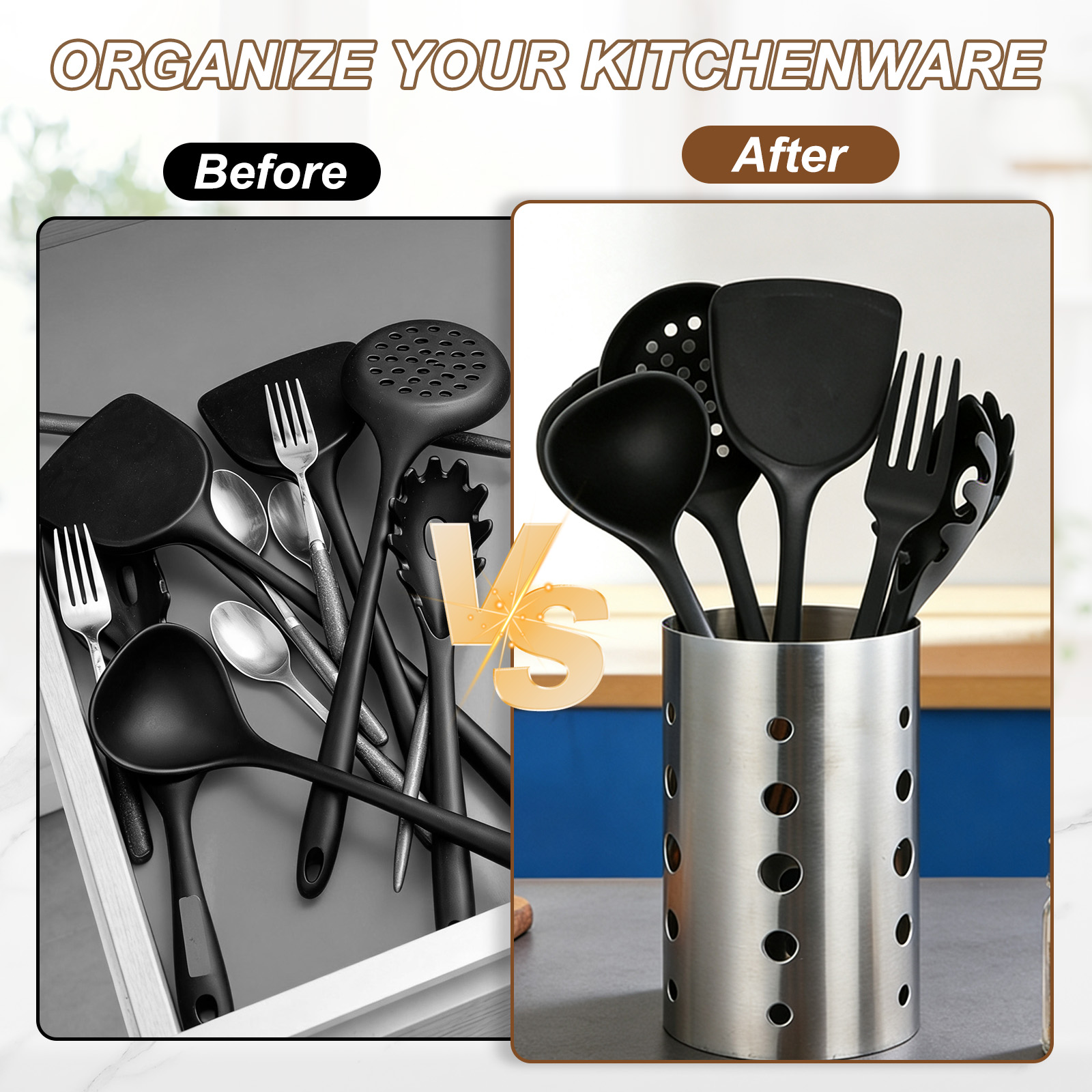 Uxcell Kitchen Utensil Holder, 3.9x5.5" Stainless Steel Utensil Cutlery Holder Round Flatware Organizer with Drain Hole for Kitchen Restaurant Countertop Straw, Spoon, Chopstick, Silver