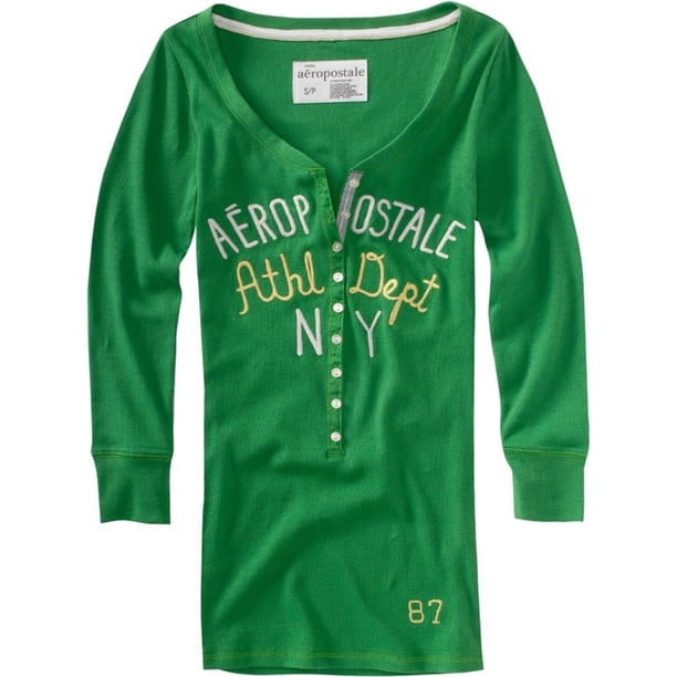 Aeropostale Womens Ribbed Athletic Dept Ny Henley Shirt, Verde, Large