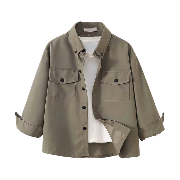 CUZIBR Boys Toddler Child Shirts Solid Color Button Down Long Sleeve Front Pockets Gentleman Lapel Collared Tops Elegant Fashionable Breathable Cozy Spring Dailywear,Army Green,11-12 Years