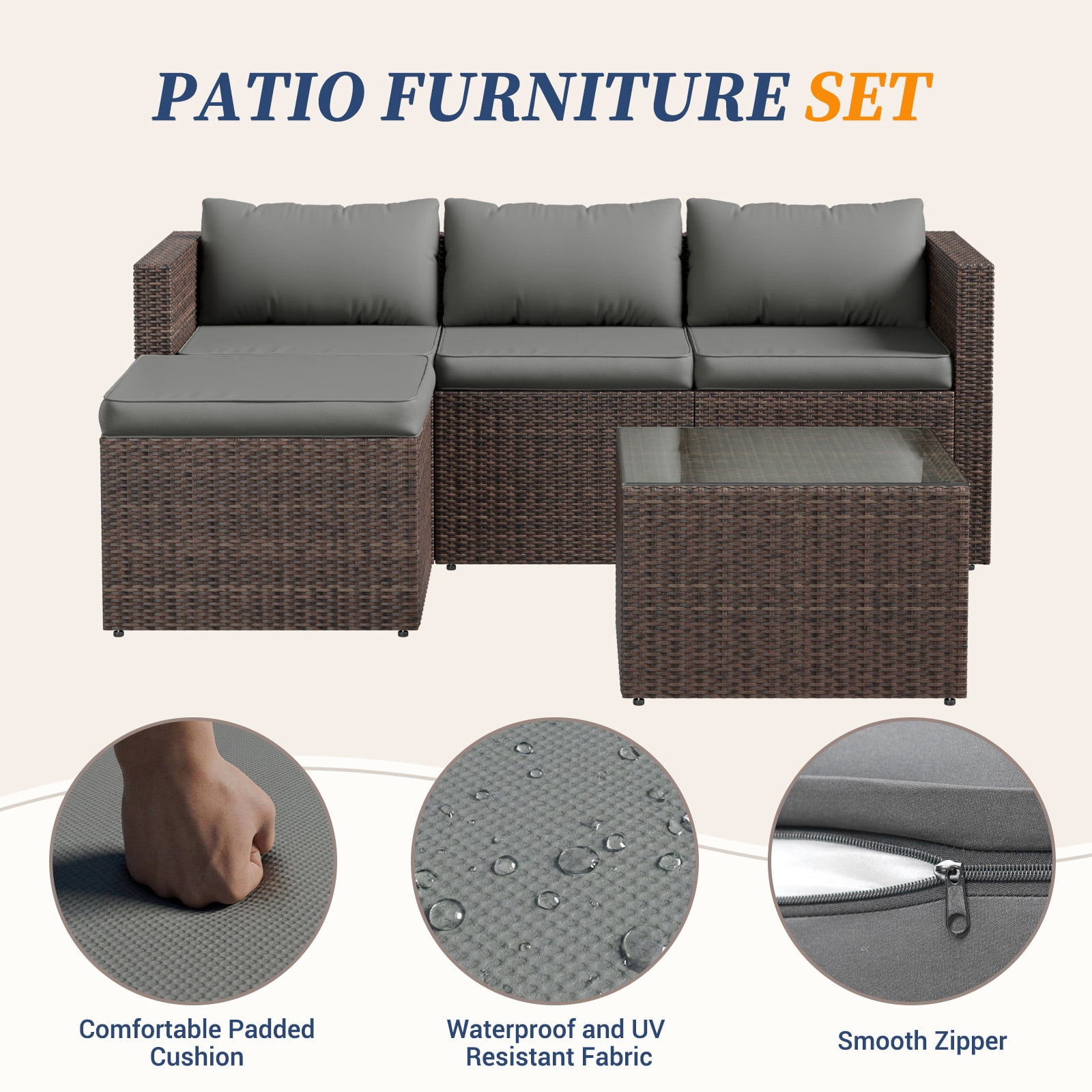ELPOSUN 3-Piece Patio Furniture Set,Patio Conversation Set All-Weather Wicker Outdoor Sectional Sofa Set with Table & Cushions, Grey