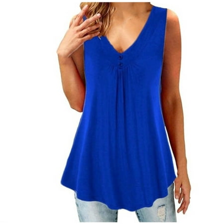 Funicet Plus Size Tops for Women Summer Sleeveless Casual V-neck Button Solid Short Tank Top T-shirt Blue 4XL