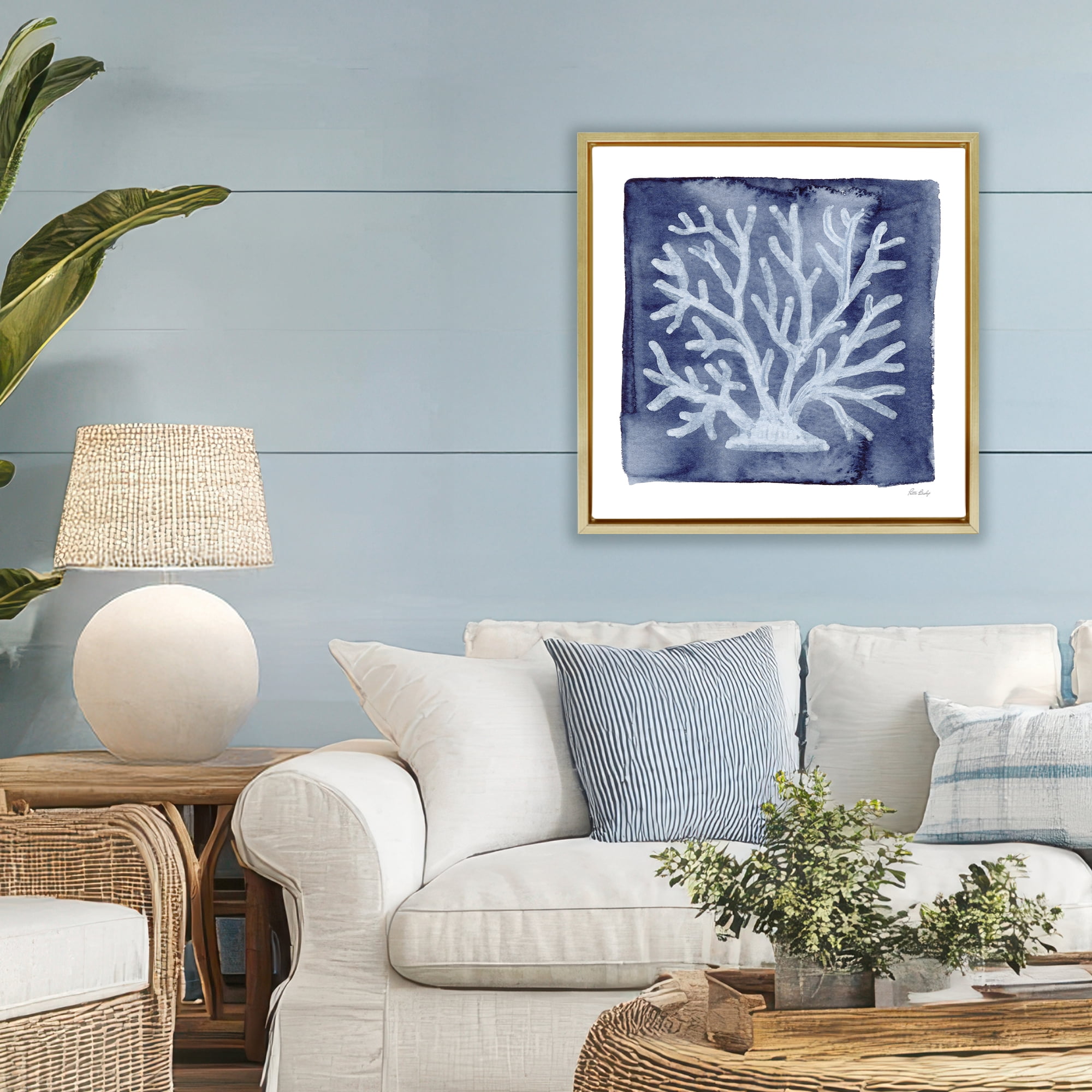 Stupell Industries White Coral on Indigo Gold Framed Floater Canvas Wall Art, design by Patti Bishop