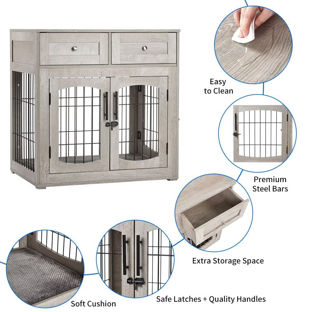 Dog Crate Furniture, 31.5" Wood Dog Kennel with Double Doors, Heavy Duty Dog Cage End Table with 2 Drawers, for Medium/Small Dogs, Rustic Gray