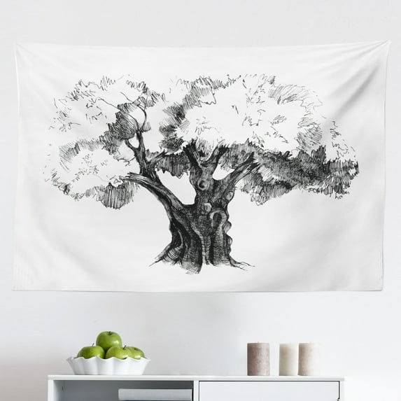 Tree Tapestry, Tree with a Tire Swing Illustration Happy Place Summer Holidays Garden, Fabric Wall Hanging Decor for Bedroom Living Room Dorm, 2 Sizes, Black White, by Ambesonne