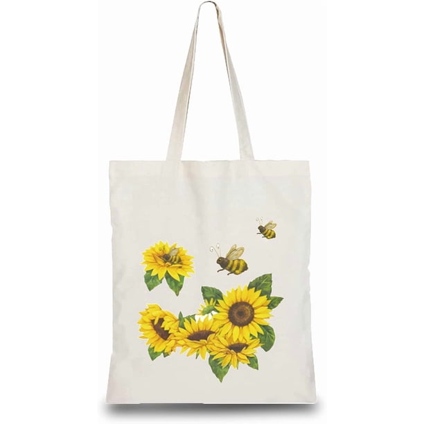 Bolsa de algodón con diseño de girasoles y abejas, ligera, reutilizable, ecológica, para manualidades y manualidades, multifunción.