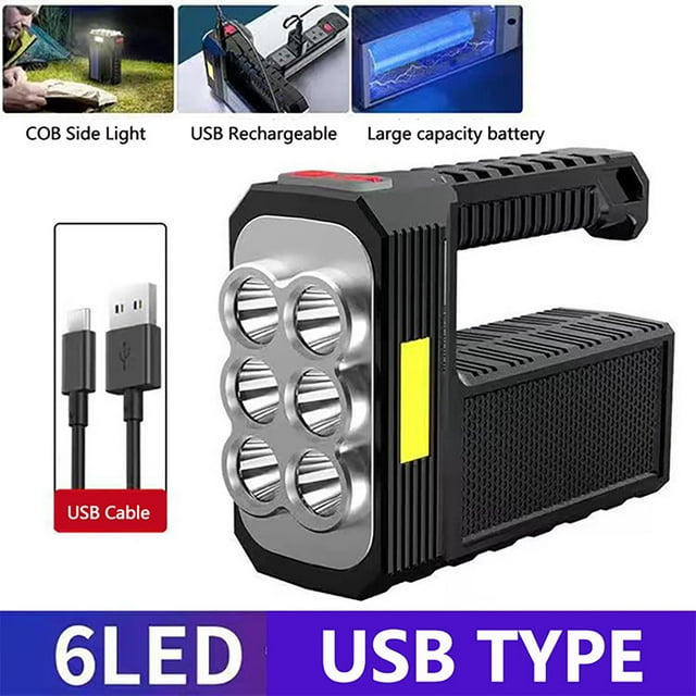 Pisexur Rechargeable 6 LED Handheld Solar Flashlight With COB Sidelight High Lumens 3 Modes Searchlight Portable Lightweight Spotlight For Fishing Outdoor