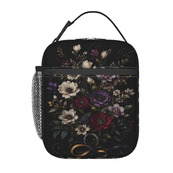Dark Floral Bouquet Lunch Bag Reusable Thermal Lunch Tote with Handle for Women and Men