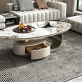 thumbnail image 6 of ENSHUI 55" Modern Oval Stone Coffee Table with Abstract Metal Base and Drawer, Gray, 6 of 16