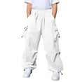 thumbnail image 2 of OOOUM Kids Cargo Pants Elastic Waist Solid Color Wide Leg Pants With Pocket Loose Fit Casual Straight Leg Jeans For Hiking Running White 7-8 Years, 2 of 9