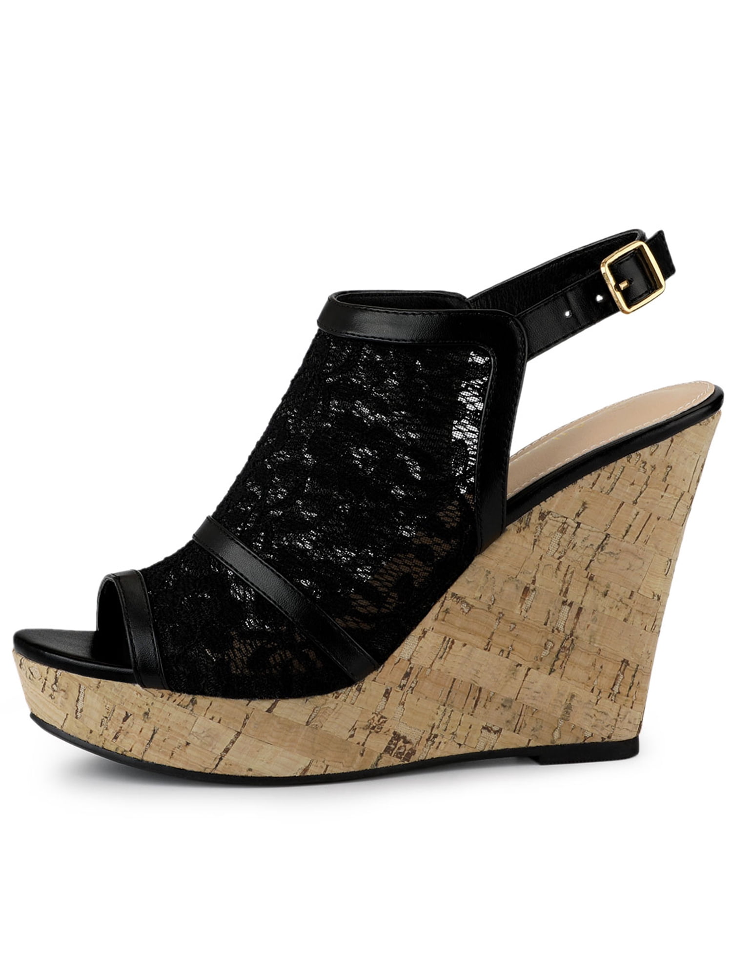 DARING DIVA Women's Open Toe Platform Heel Lace Wedges Sandals Black 10