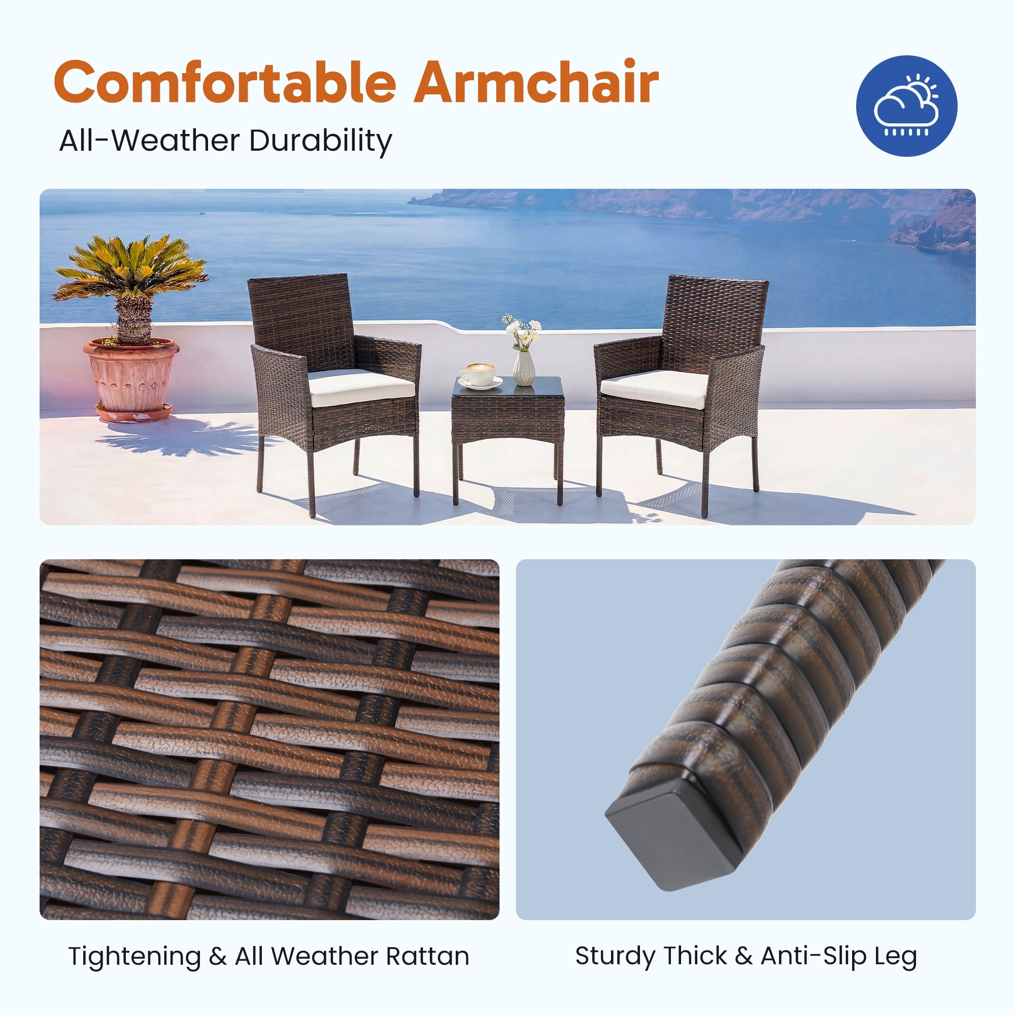EDX 3-Piece Patio Conversation Set, All-Weather PE Rattan Outdoor Furniture with Wicker Chairs, Tempered Glass Table, Washable Cushions, Brown/Beige